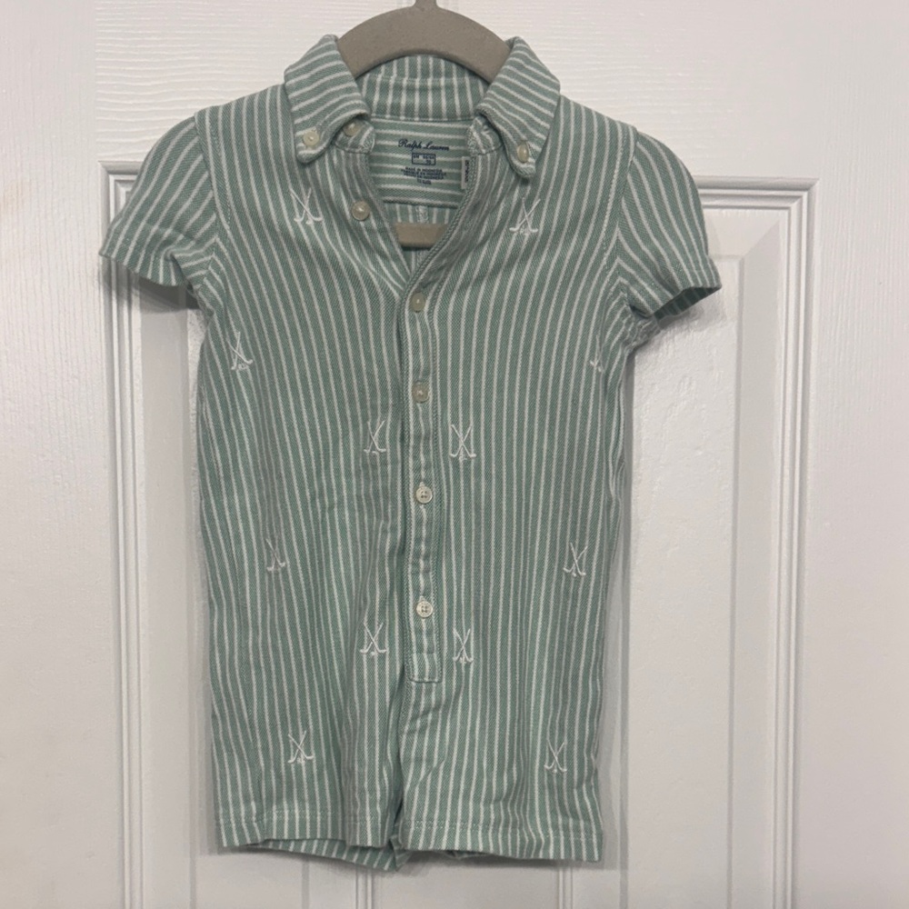 Ralph Lauren Baby Mint Green & White Striped Button-Down Romper